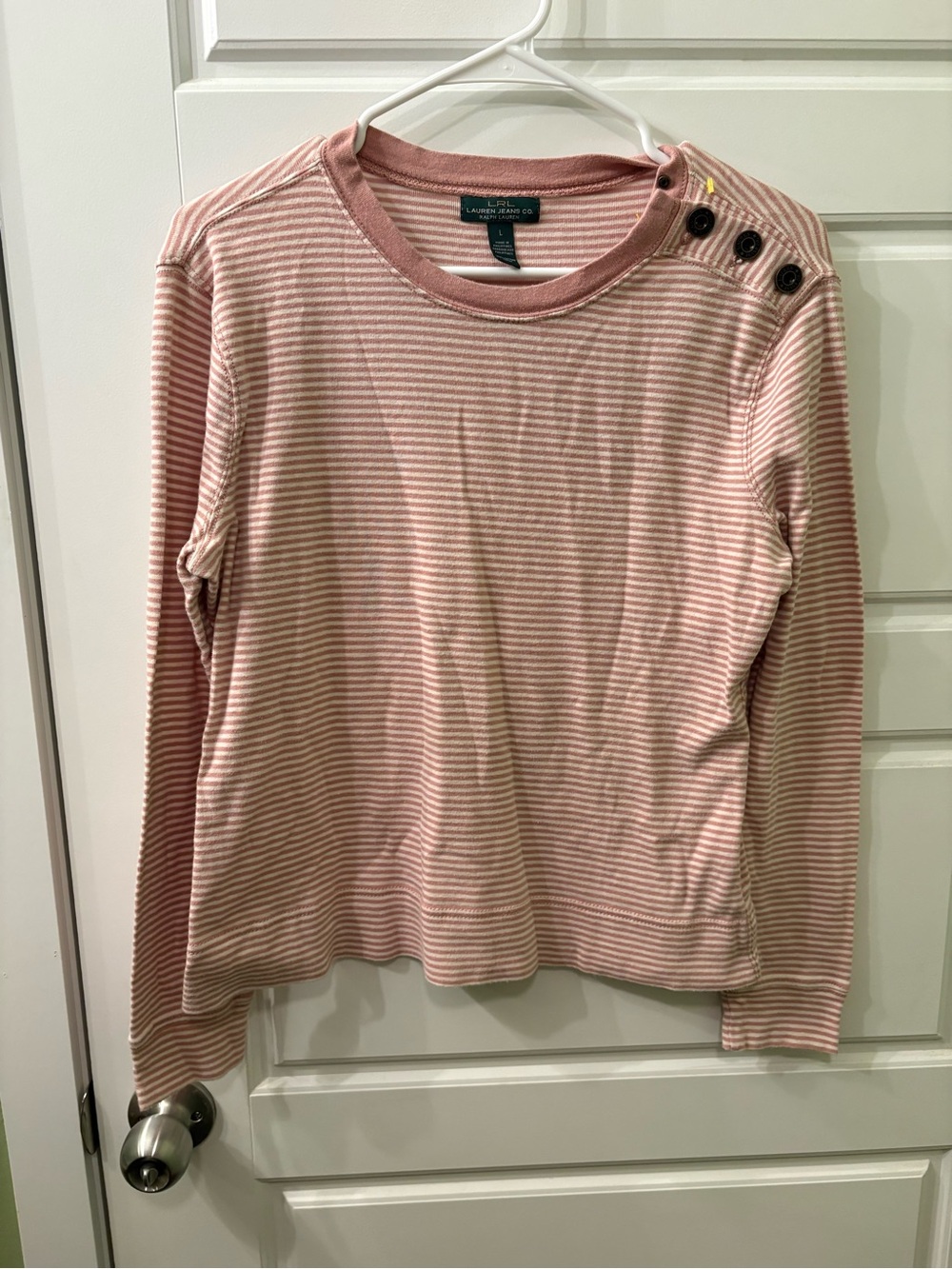 Lauren Ralph‎ Lauren Pink Striped Long-Sleeve Top with Shoulder Buttons